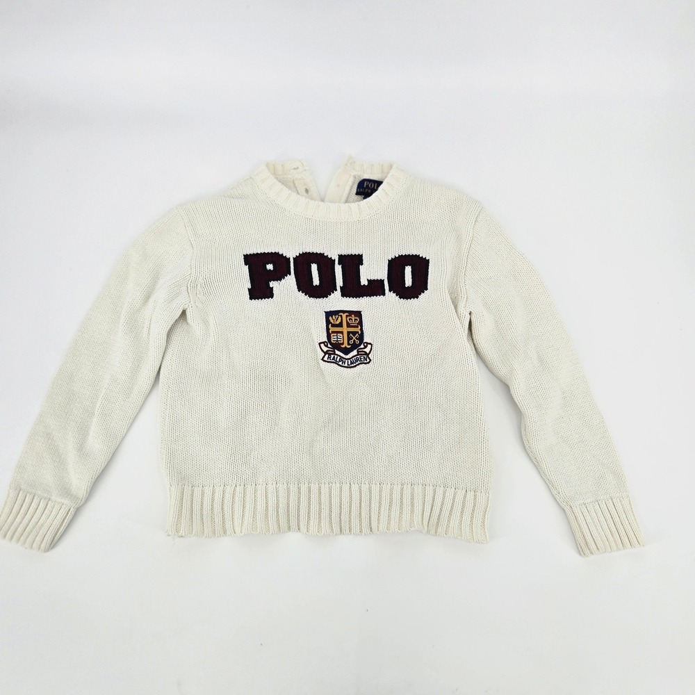 Polo Ralph Lauren Kids Logo Crest Knit Button Back Sweater White Toddler 4T EUC